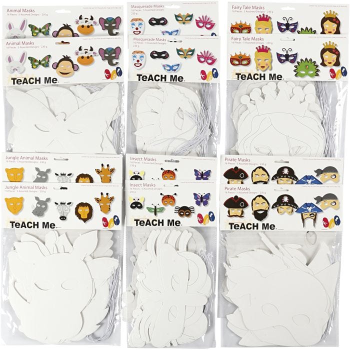 Masques en papier cartonné, H : 15-22 cm, L : 24-25 cm, blanc, 192 pièces/ 1 Pq.