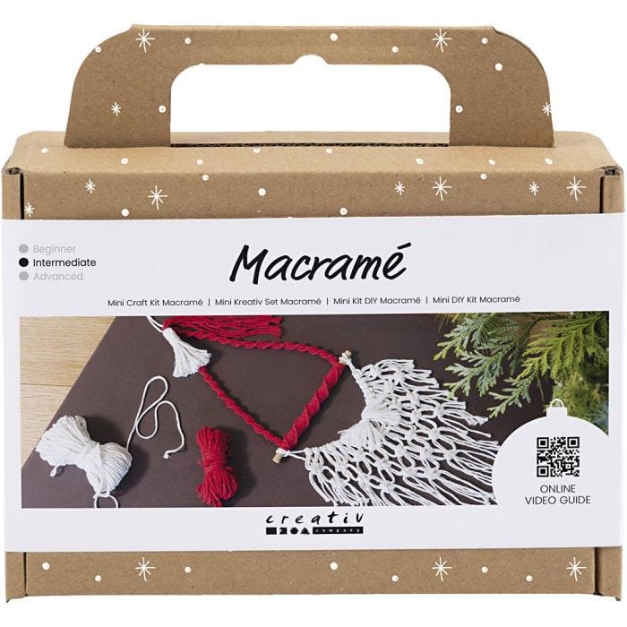 Mini Kit DIY Macramé, un père Noël, rouge cerise, blanc cassé, 1 Pq.