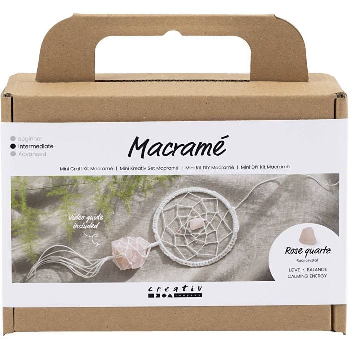 Mini Kit DIY Macramé, Attrape-rêves avec cristal de quartz rose, rose clair, blanc, 1 Pq.