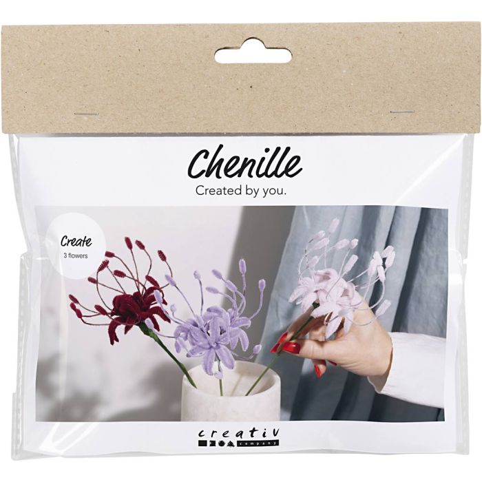 Mini Kit DIY Fleurs en Fil Chenille, Spider Lily, rose clair, mauve clair, rouge foncé, 1 Pq.