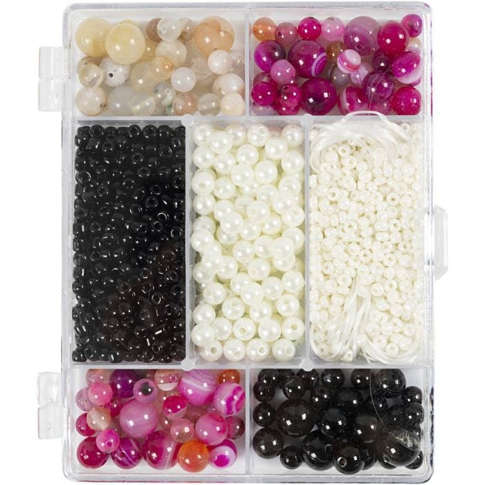Mix Créatif Bijoux, Agates, dim. 2,6-10 mm, diamètre intérieur 0,8-1,8 mm, beige, noir, rose, nacré, 1 Pq.