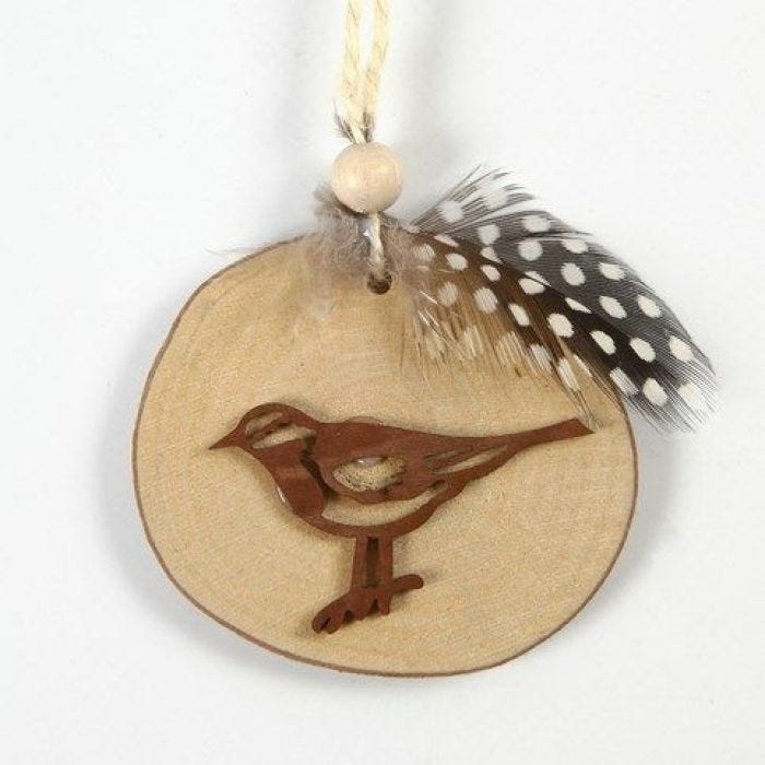 Flax Twine with a Bird on a wooden Disc, decorated with Guinea Fowl Feathers