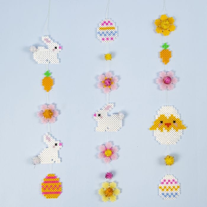 An Easter Garland made from Nabbi Fuse Bead Easter Bunnies, Easter Eggs, Flowers and an Easter Chick