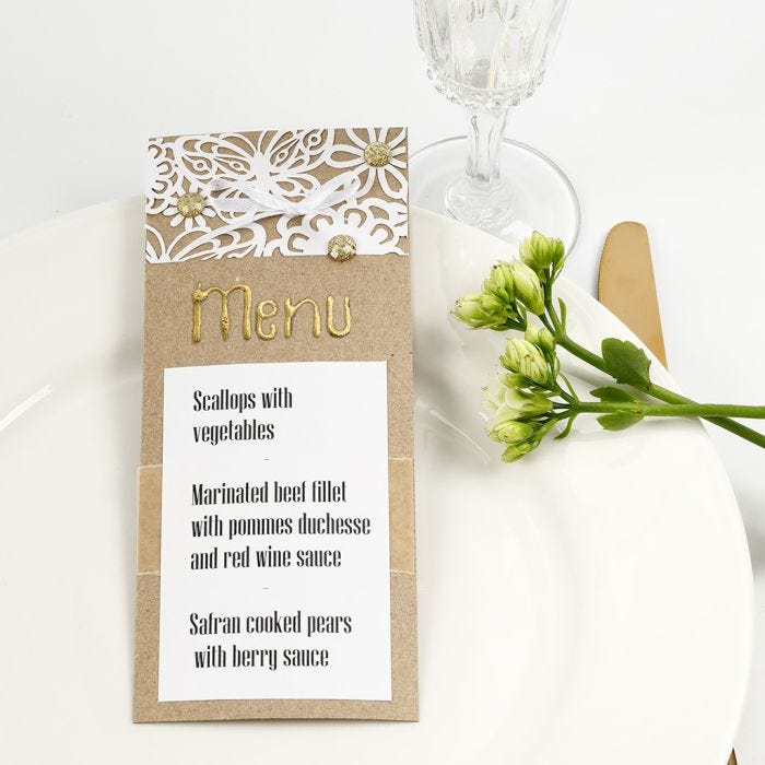 A Menu Card decorated with  Lace patterned Card, Deco Foil and Rhinestones 