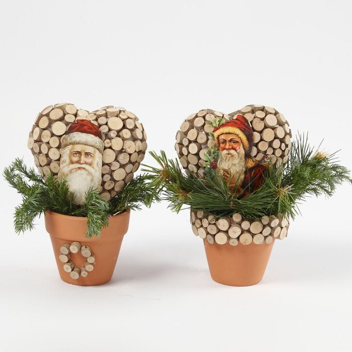 Father Christmas Vintage Die-Cuts on a Heart in Flower Pots