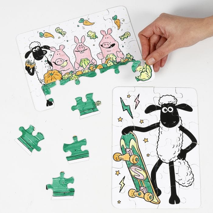 A Shawn the Sheep jigsaw puzzle decorated with markers