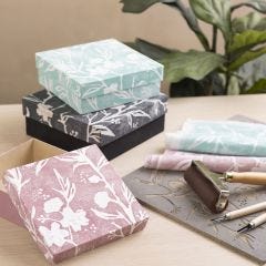Boxes covered with lino printing on imitation rice paper