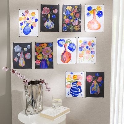 Aquarelle, pastels à l’huile et feutres

