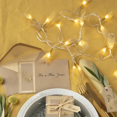 Une guirlande de lampes LED avec des abat-jours faits en squelettes de feuilles