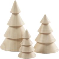 Kerstbomen van hout, H: 5+7,5+10 cm, d 3,5+5,4+6,7 cm, 3 stuk/ 1 doos