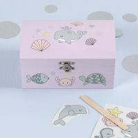 Rub-on Stickers with Sea Creature Designs on a wooden Treasure Chest