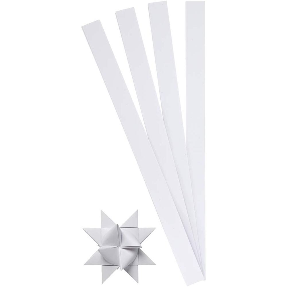 Bandes de papier étoiles, L: 45 cm, d 6,5 cm, L: 15 mm, blanc, 100 bandes/ 1 Pq.
