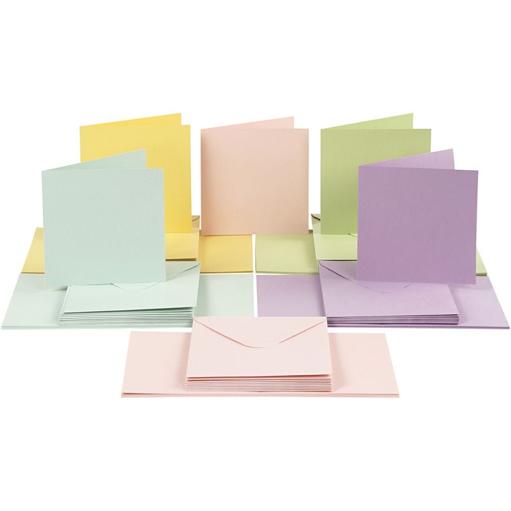Cartes et enveloppes, dimension carte 15x15 cm, dimension enveloppes 16x16 cm, 110+220 gr, couleurs pastel, 50 set/ 1 Pq.
