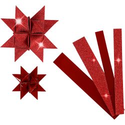 Bandes de papier &eacute;toiles, L : 44+78 cm, L : 15+25 mm, d 6,5+11,5 cm, paillettes,vernis, rouge, 40 bandes/ 1 Pq.