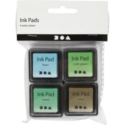Stempelinkt, H: 2 cm, afm 3,5x3,5 cm, groen, lichtgroen, olijf, aqua, 4 stuk/ 1 doos
