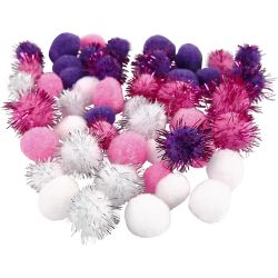 Pompons, d 15+20 mm, paars, lichtrood, wit, 48 stuk/ 1 doos