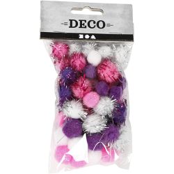 Pompons, d 15+20 mm, paars, lichtrood, wit, 48 stuk/ 1 doos
