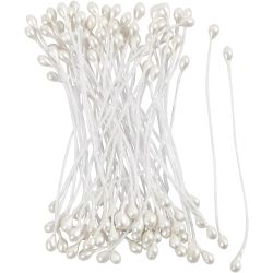 Bloemmeeldraden, L: 6,4 cm, d 2 mm, wit parelmoer, 100 stuk/ 1 doos